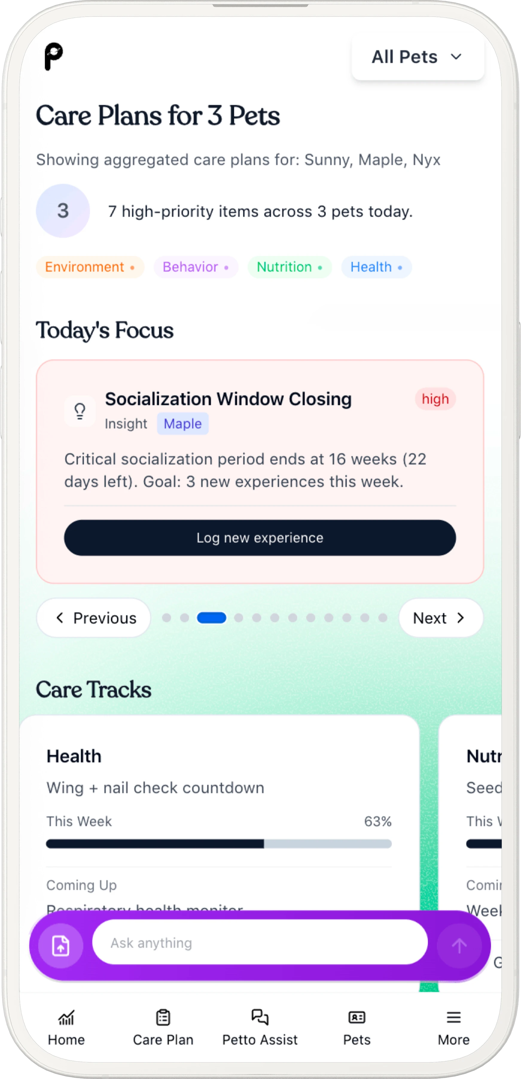 Petto Health app screenshot showing Petto Intelligence-powered behavior insights, symptom tracking, and proactive health alerts for early detection of pet health issues